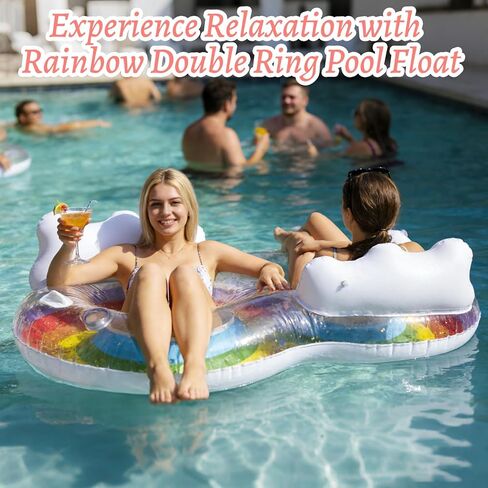 2 Person Swim Ring Pool Float, Double Lounger for Relaxing, Rainbow Inflatable Float for Adults, Pool, Lake, Party in Saudi Arabia