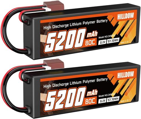 Hilldow 3S Lipo Battery 5200mAh 11.1V 80C RC حافظة صلبة للبطارية مع قابس T لسيارة RC قارب شاحنة طائرة هليكوبتر بدون طيار (عبوتان) in Kuwait