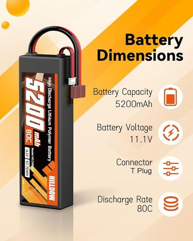 Hilldow 3S Lipo Battery 5200mAh 11.1V 80C RC حافظة صلبة للبطارية مع قابس T لسيارة RC قارب شاحنة طائرة هليكوبتر بدون طيار (عبوتان) in Kuwait