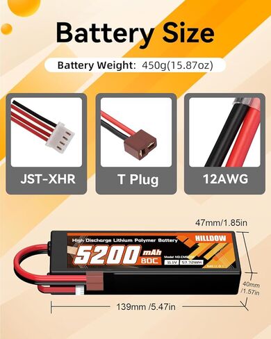 Hilldow 3S Lipo Battery 5200mAh 11.1V 80C RC حافظة صلبة للبطارية مع قابس T لسيارة RC قارب شاحنة طائرة هليكوبتر بدون طيار (عبوتان) in Kuwait