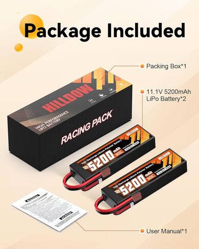 Hilldow 3S Lipo Battery 5200mAh 11.1V 80C RC حافظة صلبة للبطارية مع قابس T لسيارة RC قارب شاحنة طائرة هليكوبتر بدون طيار (عبوتان) in Kuwait