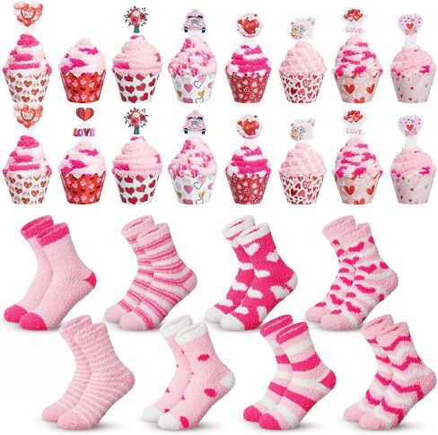 Suhine 16 Pairs Valentine Day Cupcake Socks Gifts for Women Galentines Gifts Fuzzy Heart Socks and Cupcake Toppers Pink DIY Love Heart Present Slipper Stockings for Her Mothers Day in Saudi Arabia