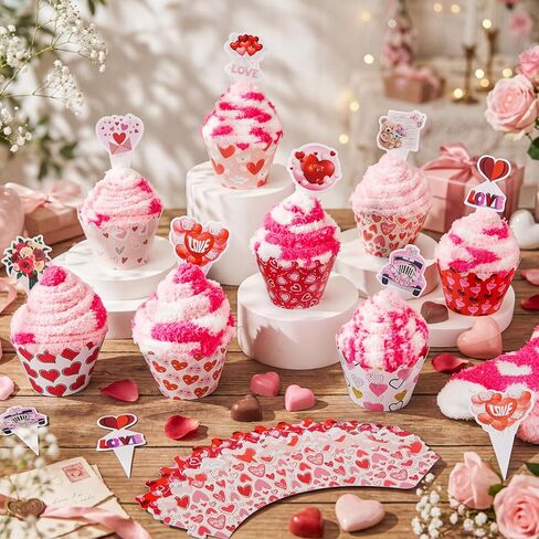 Suhine 16 Pairs Valentine Day Cupcake Socks Gifts for Women Galentines Gifts Fuzzy Heart Socks and Cupcake Toppers Pink DIY Love Heart Present Slipper Stockings for Her Mothers Day in Saudi Arabia