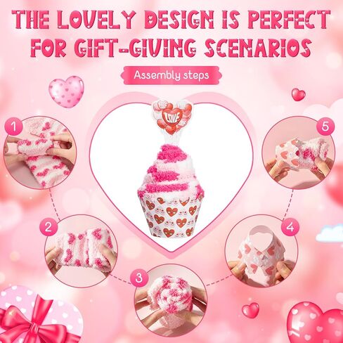 Suhine 16 Pairs Valentine Day Cupcake Socks Gifts for Women Galentines Gifts Fuzzy Heart Socks and Cupcake Toppers Pink DIY Love Heart Present Slipper Stockings for Her Mothers Day in Saudi Arabia