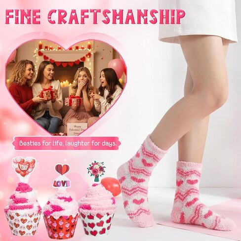 Suhine 16 Pairs Valentine Day Cupcake Socks Gifts for Women Galentines Gifts Fuzzy Heart Socks and Cupcake Toppers Pink DIY Love Heart Present Slipper Stockings for Her Mothers Day in Saudi Arabia