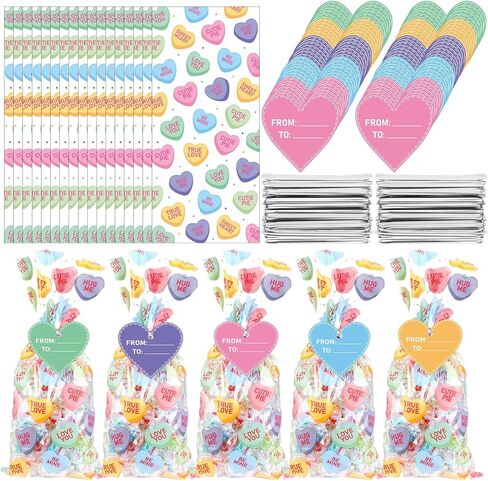 Zhanmai 300 Pcs Valentine's Day Conversation Heart Cellophane Bags Bulk Set with 150 Valentines Treat Goodie Gift Bags 150 Heart Gift Tags for Valentines Wedding Party Favor Supplies(5 x 11 Inches) in Saudi Arabia