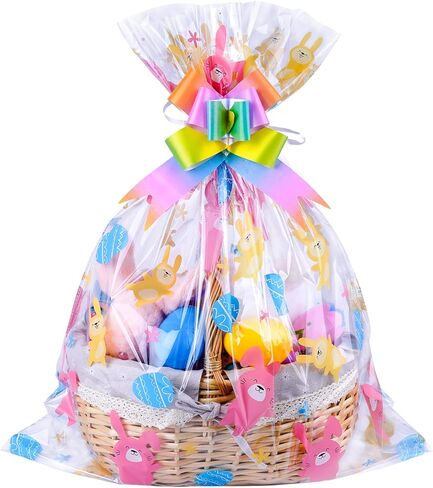 FloraSea 10pcs Easter Bags 24x30 Inch Cellophane Easter Basket Bags Clear Plastic Easter Bags for Large Baskets Gift Wrapping in Kuwait