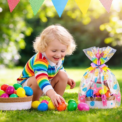 FloraSea 10pcs Easter Bags 24x30 Inch Cellophane Easter Basket Bags Clear Plastic Easter Bags for Large Baskets Gift Wrapping in Kuwait