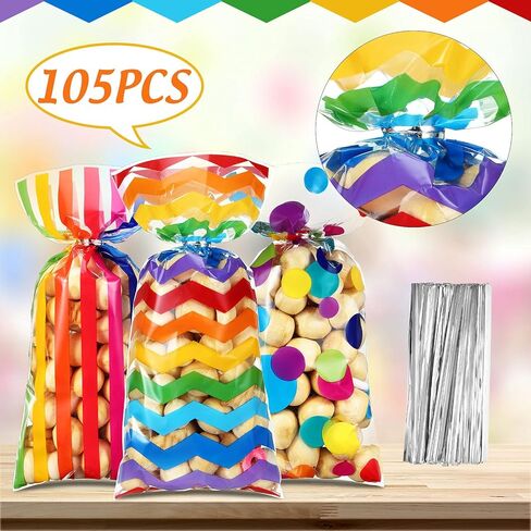 105 Pcs Rainbow Cellophane Treat Bags Bulk Rainbow Party Favor Goodie Gift Bags with Twist Ties for Candy Cookie Birthday Classroom Wedding Anniversary Baby Shower Party Supplies in Saudi Arabia
