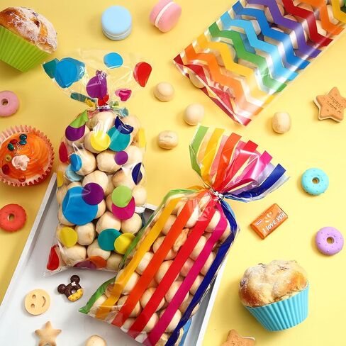 105 Pcs Rainbow Cellophane Treat Bags Bulk Rainbow Party Favor Goodie Gift Bags with Twist Ties for Candy Cookie Birthday Classroom Wedding Anniversary Baby Shower Party Supplies in Saudi Arabia