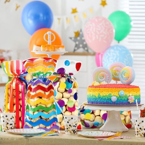 105 Pcs Rainbow Cellophane Treat Bags Bulk Rainbow Party Favor Goodie Gift Bags with Twist Ties for Candy Cookie Birthday Classroom Wedding Anniversary Baby Shower Party Supplies in Saudi Arabia