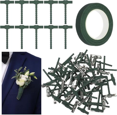 31Pcs Triangle Boutonniere Safety Pins with Flower Tape, T-Shaped Plastic Corsage Pins Safety Clips for Bride Groom, Tiny Boutonniere Supplies for Wedding Festivals Buttonhole Flowers Button Making in Saudi Arabia