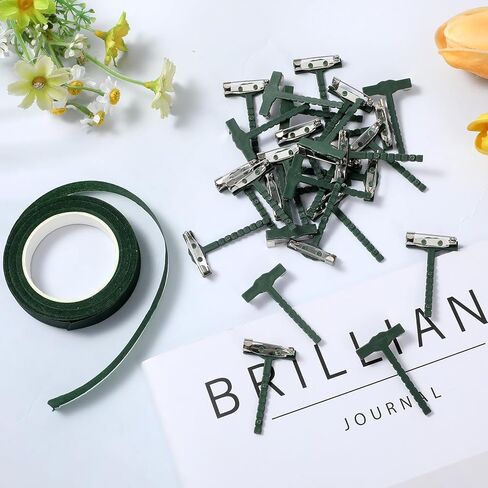 31Pcs Triangle Boutonniere Safety Pins with Flower Tape, T-Shaped Plastic Corsage Pins Safety Clips for Bride Groom, Tiny Boutonniere Supplies for Wedding Festivals Buttonhole Flowers Button Making in Saudi Arabia