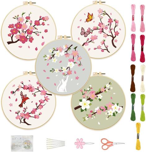 FREEBLOSS 5 Set 8'' Cherry Blossom Embroidery Kit Cross Stitch Kit with Stamped Cherry Pattern Cherry Embroidery Kit for Beginners Instructions Included Embroidery Starter Kit for Adults in Saudi Arabia