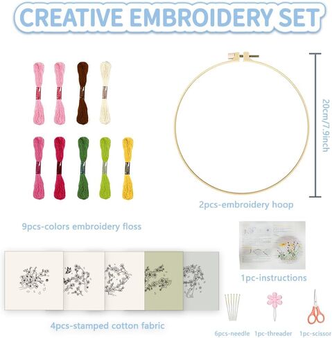 FREEBLOSS 5 Set 8'' Cherry Blossom Embroidery Kit Cross Stitch Kit with Stamped Cherry Pattern Cherry Embroidery Kit for Beginners Instructions Included Embroidery Starter Kit for Adults in Saudi Arabia