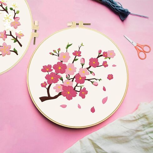 FREEBLOSS 5 Set 8'' Cherry Blossom Embroidery Kit Cross Stitch Kit with Stamped Cherry Pattern Cherry Embroidery Kit for Beginners Instructions Included Embroidery Starter Kit for Adults in Saudi Arabia