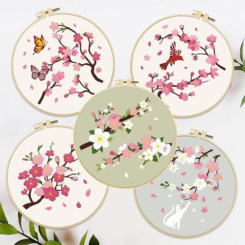 FREEBLOSS 5 Set 8'' Cherry Blossom Embroidery Kit Cross Stitch Kit with Stamped Cherry Pattern Cherry Embroidery Kit for Beginners Instructions Included Embroidery Starter Kit for Adults in Saudi Arabia