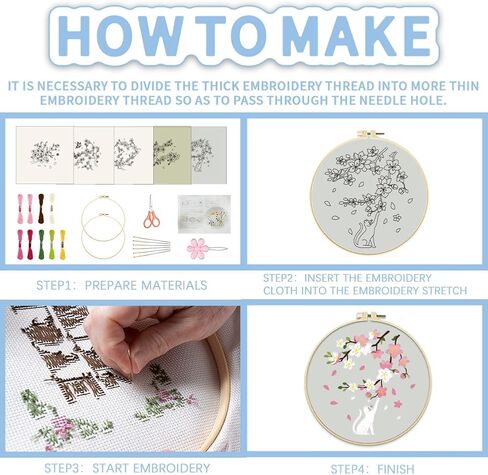 FREEBLOSS 5 Set 8'' Cherry Blossom Embroidery Kit Cross Stitch Kit with Stamped Cherry Pattern Cherry Embroidery Kit for Beginners Instructions Included Embroidery Starter Kit for Adults in Saudi Arabia