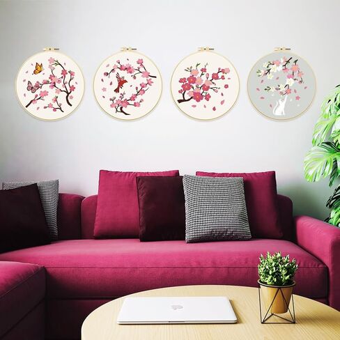 FREEBLOSS 5 Set 8'' Cherry Blossom Embroidery Kit Cross Stitch Kit with Stamped Cherry Pattern Cherry Embroidery Kit for Beginners Instructions Included Embroidery Starter Kit for Adults in Saudi Arabia