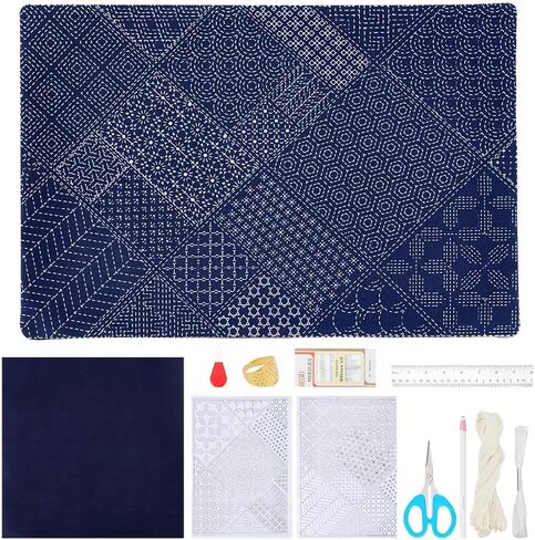 WEBEEDY Sashiko Tea Mat Kit DIY Embroidery Pattern Kit Include Sashiko Templates,Thread,Needles and Fabric for Beginners Japanese Needlework Set Embroidery Lovers Housewarming Gift in Saudi Arabia