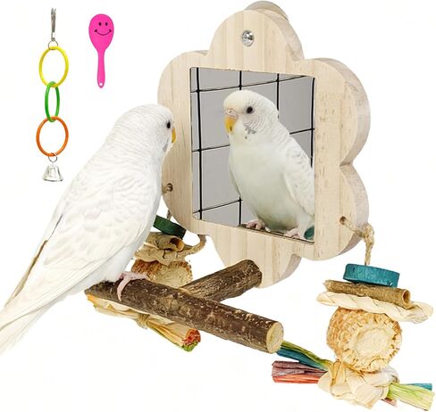 Bird Mirror with Perch, Cockatiel Mirror for Cage, Parakeet Toys with Chew Toy,Bird Cage Accessories for Parrot Conure Lovebirds Finch Canaries (Corn Cob) in Saudi Arabia