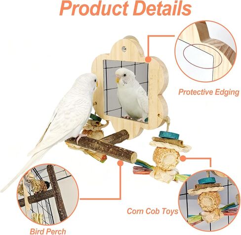 Bird Mirror with Perch, Cockatiel Mirror for Cage, Parakeet Toys with Chew Toy,Bird Cage Accessories for Parrot Conure Lovebirds Finch Canaries (Corn Cob) in Saudi Arabia