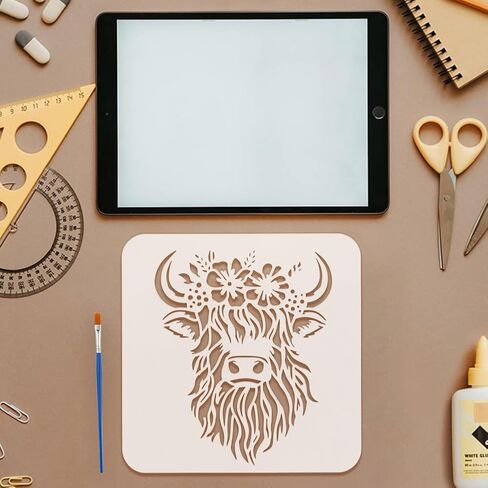 FINGERINSPIRE 12 نمطًا من استنسل بقرة المرتفعات مع فرشاة مقاس 7.9 × 7.9 بوصة استنسلات رسم على شكل مزرعة بقرة للحيوانات الأليفة قالب للرسم على أثاث من القماش الخشبي لتزيين المنزل in Kuwait