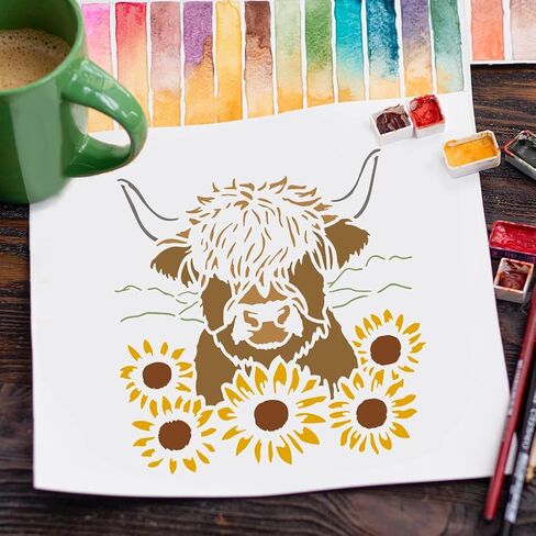 FINGERINSPIRE 12 نمطًا من استنسل بقرة المرتفعات مع فرشاة مقاس 7.9 × 7.9 بوصة استنسلات رسم على شكل مزرعة بقرة للحيوانات الأليفة قالب للرسم على أثاث من القماش الخشبي لتزيين المنزل in Kuwait