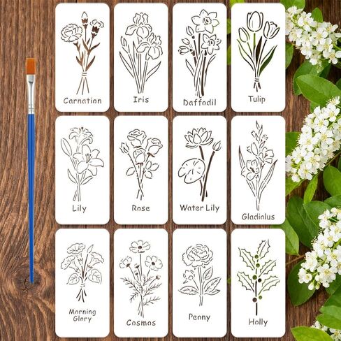 FINGERINSPIRE 12PCS Wild Flowers Painting Stencil with Plastic Brush 3.9x7.9inch Birth Month Flower Template PET Birthday Flowers Stencil Plant Theme Template for Painting on Wood Floor Furniture in Saudi Arabia