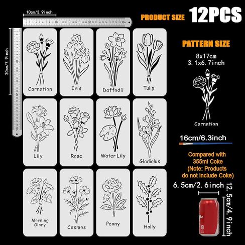 FINGERINSPIRE 12PCS Wild Flowers Painting Stencil with Plastic Brush 3.9x7.9inch Birth Month Flower Template PET Birthday Flowers Stencil Plant Theme Template for Painting on Wood Floor Furniture in Saudi Arabia