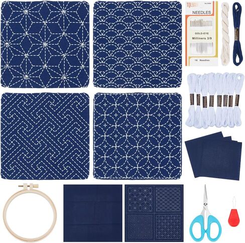 FREEBLOSS 4 Set Sashiko Coasters DIY Kit with Instructions Pre- Printed Sashiko Kit for Beginners Sashiko Practice Project Embroidery Kit Sashiko Printed Cloth Coaster in Saudi Arabia