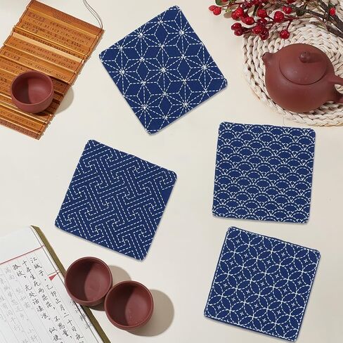 FREEBLOSS 4 Set Sashiko Coasters DIY Kit with Instructions Pre- Printed Sashiko Kit for Beginners Sashiko Practice Project Embroidery Kit Sashiko Printed Cloth Coaster in Saudi Arabia