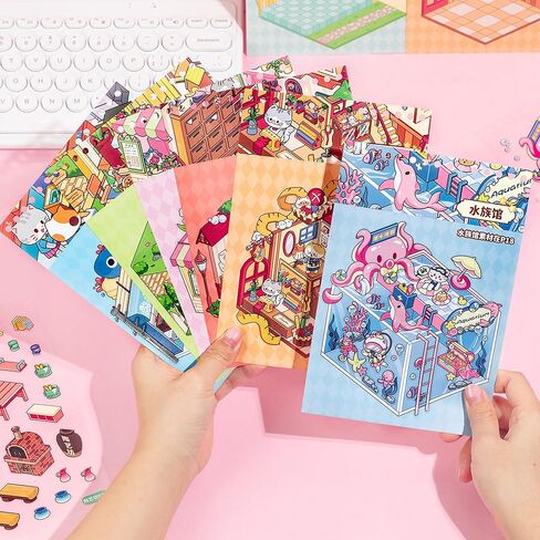 DIY 3D Sticker Scene Book 18 Pcs Sticker Scenes Miniature Room Scene Stickers Book Funny House Scene Sticker Book for Adults Kids Conduce to Relieve Stress Pass The Time in Saudi Arabia