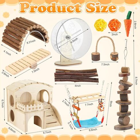 11 Pcs Hamster Cage Accessories Set, Wooden Hawaii House, Bridge, Exercise Wheel, Swing, Chew Toys & More, Natural Wood Hamster Play Set for Dwarf Hamsters, Rat Mice Small Animals Habitat in Saudi Arabia