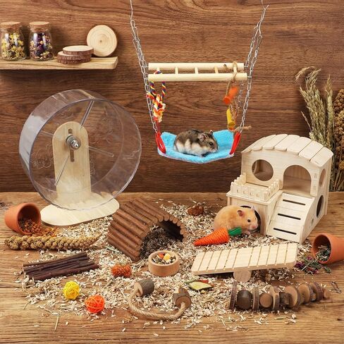 11 Pcs Hamster Cage Accessories Set, Wooden Hawaii House, Bridge, Exercise Wheel, Swing, Chew Toys & More, Natural Wood Hamster Play Set for Dwarf Hamsters, Rat Mice Small Animals Habitat in Saudi Arabia