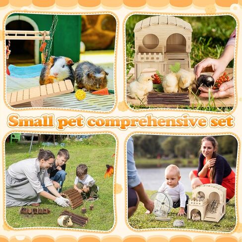 11 Pcs Hamster Cage Accessories Set, Wooden Hawaii House, Bridge, Exercise Wheel, Swing, Chew Toys & More, Natural Wood Hamster Play Set for Dwarf Hamsters, Rat Mice Small Animals Habitat in Saudi Arabia
