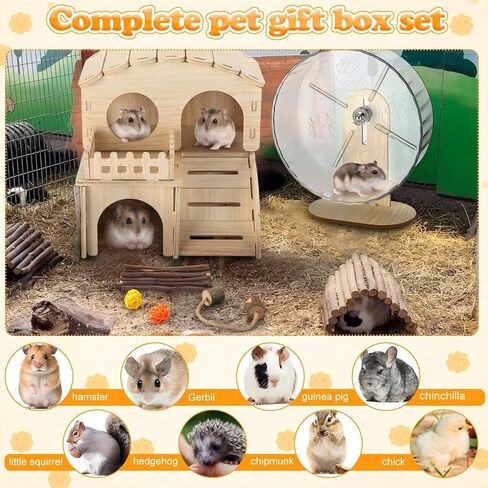 11 Pcs Hamster Cage Accessories Set, Wooden Hawaii House, Bridge, Exercise Wheel, Swing, Chew Toys & More, Natural Wood Hamster Play Set for Dwarf Hamsters, Rat Mice Small Animals Habitat in Saudi Arabia