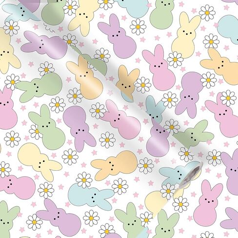 Fabllewavi 1 Roll Easter Peeps Bunny Wrapping Paper Mini Roll - 17in x 32.8Ft Pastel Retro Rabbit Daisy Gift Wrap Paper for Easter DIY Crafts Spring Party Supplies in Saudi Arabia
