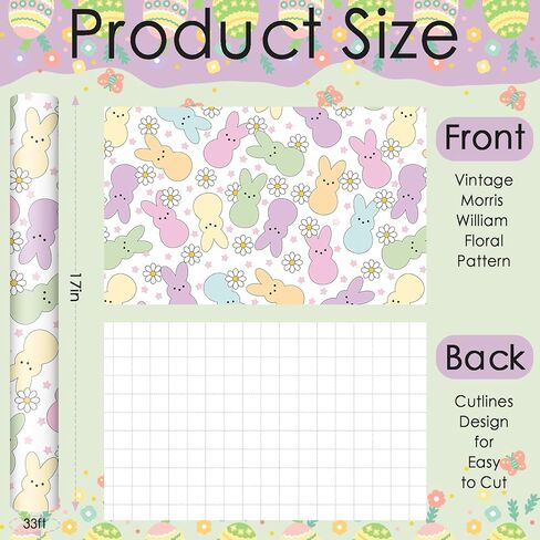 Fabllewavi 1 Roll Easter Peeps Bunny Wrapping Paper Mini Roll - 17in x 32.8Ft Pastel Retro Rabbit Daisy Gift Wrap Paper for Easter DIY Crafts Spring Party Supplies in Saudi Arabia