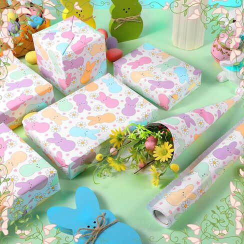 Fabllewavi 1 Roll Easter Peeps Bunny Wrapping Paper Mini Roll - 17in x 32.8Ft Pastel Retro Rabbit Daisy Gift Wrap Paper for Easter DIY Crafts Spring Party Supplies in Saudi Arabia