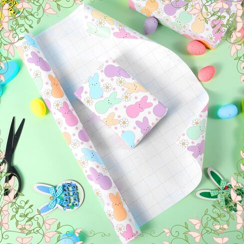Fabllewavi 1 Roll Easter Peeps Bunny Wrapping Paper Mini Roll - 17in x 32.8Ft Pastel Retro Rabbit Daisy Gift Wrap Paper for Easter DIY Crafts Spring Party Supplies in Saudi Arabia