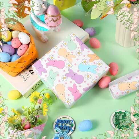 Fabllewavi 1 Roll Easter Peeps Bunny Wrapping Paper Mini Roll - 17in x 32.8Ft Pastel Retro Rabbit Daisy Gift Wrap Paper for Easter DIY Crafts Spring Party Supplies in Saudi Arabia