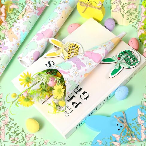 Fabllewavi 1 Roll Easter Peeps Bunny Wrapping Paper Mini Roll - 17in x 32.8Ft Pastel Retro Rabbit Daisy Gift Wrap Paper for Easter DIY Crafts Spring Party Supplies in Saudi Arabia