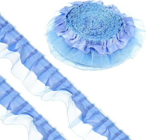 11 Yards 2-Layer Satin Organza Lace Trim, Ruffle Ribbon Sewing Lace Fabric, Scalloped Ribbon Gathered Edging Ribbons Trimmings Fabric for Sewing Making Crafts Dress Embroidered Applique Blue in Kuwait