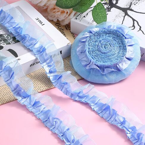 11 Yards 2-Layer Satin Organza Lace Trim, Ruffle Ribbon Sewing Lace Fabric, Scalloped Ribbon Gathered Edging Ribbons Trimmings Fabric for Sewing Making Crafts Dress Embroidered Applique Blue in Kuwait