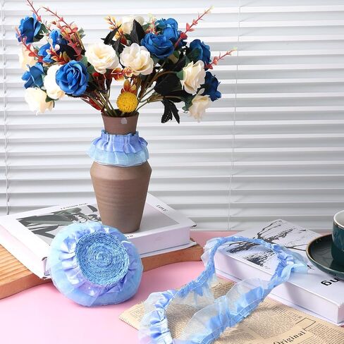 11 Yards 2-Layer Satin Organza Lace Trim, Ruffle Ribbon Sewing Lace Fabric, Scalloped Ribbon Gathered Edging Ribbons Trimmings Fabric for Sewing Making Crafts Dress Embroidered Applique Blue in Kuwait