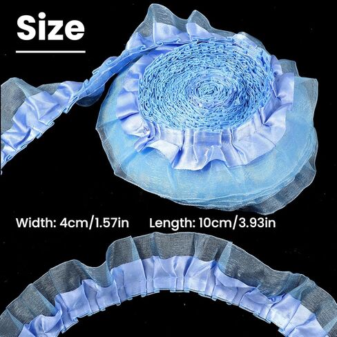 11 Yards 2-Layer Satin Organza Lace Trim, Ruffle Ribbon Sewing Lace Fabric, Scalloped Ribbon Gathered Edging Ribbons Trimmings Fabric for Sewing Making Crafts Dress Embroidered Applique Blue in Kuwait