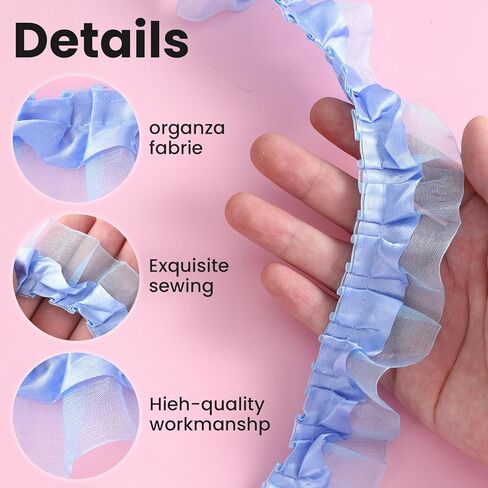 11 Yards 2-Layer Satin Organza Lace Trim, Ruffle Ribbon Sewing Lace Fabric, Scalloped Ribbon Gathered Edging Ribbons Trimmings Fabric for Sewing Making Crafts Dress Embroidered Applique Blue in Kuwait