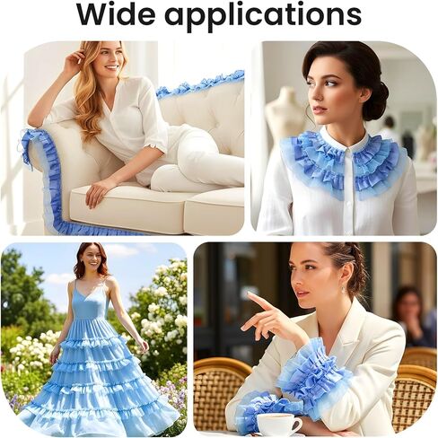 11 Yards 2-Layer Satin Organza Lace Trim, Ruffle Ribbon Sewing Lace Fabric, Scalloped Ribbon Gathered Edging Ribbons Trimmings Fabric for Sewing Making Crafts Dress Embroidered Applique Blue in Kuwait