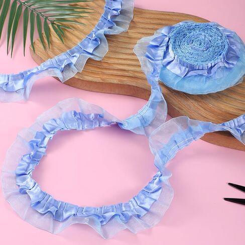 11 Yards 2-Layer Satin Organza Lace Trim, Ruffle Ribbon Sewing Lace Fabric, Scalloped Ribbon Gathered Edging Ribbons Trimmings Fabric for Sewing Making Crafts Dress Embroidered Applique Blue in Kuwait